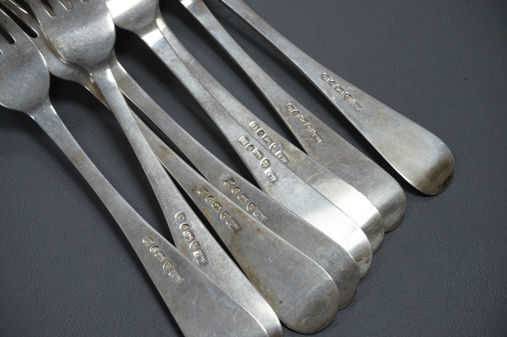 A set of eight William IV provincial silver Hanoverian pattern table forks, by Thomas Wheatley, Newcastle, 1830, 20.6cm, 16.7oz.